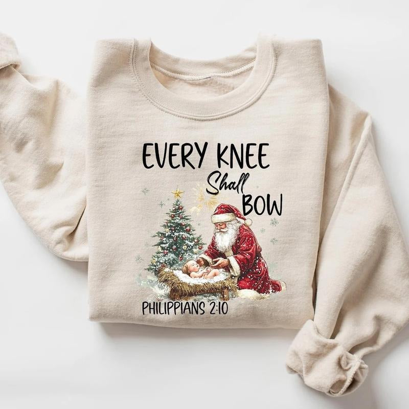 Every Knee Shall Bow Sweatshirt, Nativity Scene Sweater, Santa Claus Christmas Shirt, Keeling Santa Shirt, Baby Jesus...