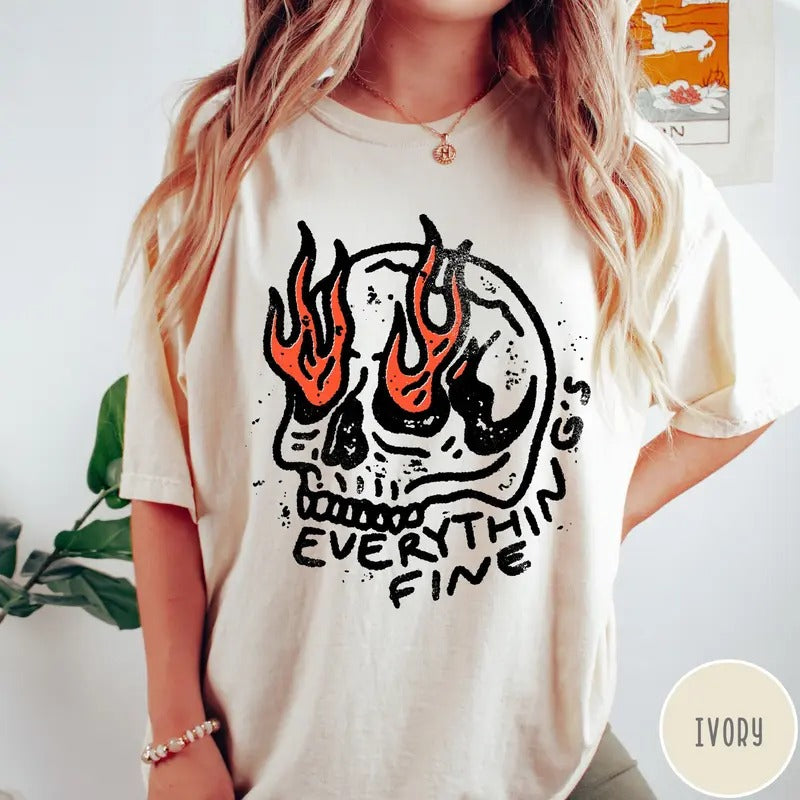 Everything Is Fine Shirt Vintage Unisex T-shirt Skull Oversized Shirt Retro Graphic Trendy Tee Grunge Everything Fine...