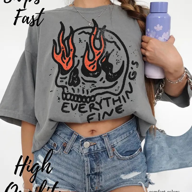 Everythings Fine Skeleton Shirt Retro Skeleton Shirt Sarcastic Halloween Shirt 90s Grunge Shirt Gothic Skull Shirt...
