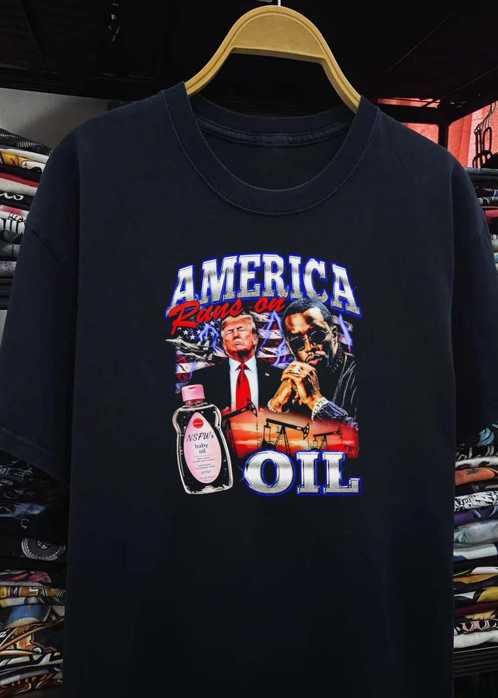 Exclusive Vintage Style Trump and Diddy America Runs on NSFW Oil T-Shirt