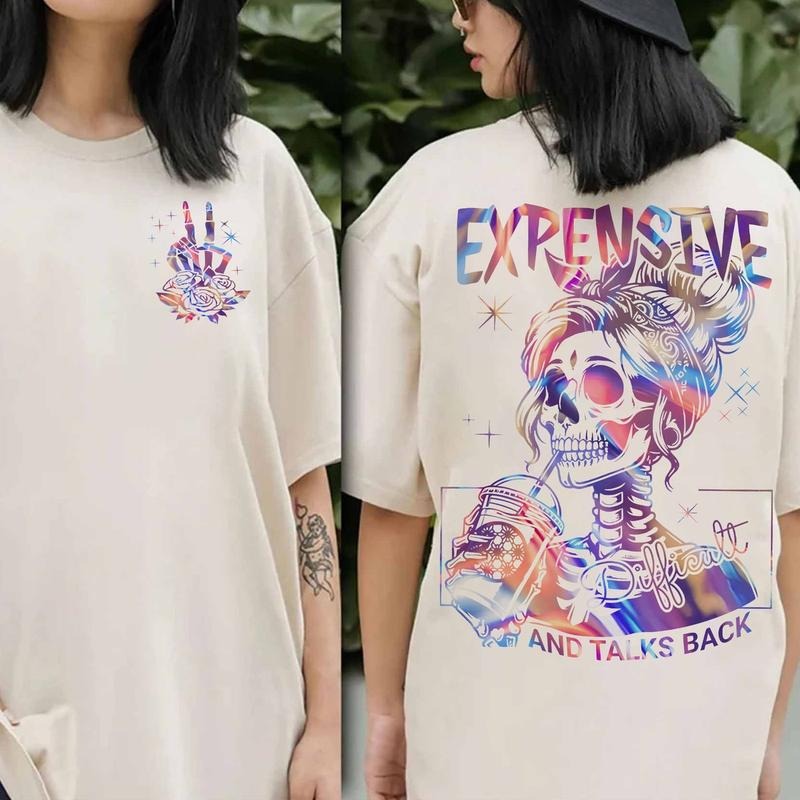 Expensive Difficult And Talks Back Skeleton Rock Mom T-Shirt Casual Top for Women in Light Polyester Latarshia Grant...