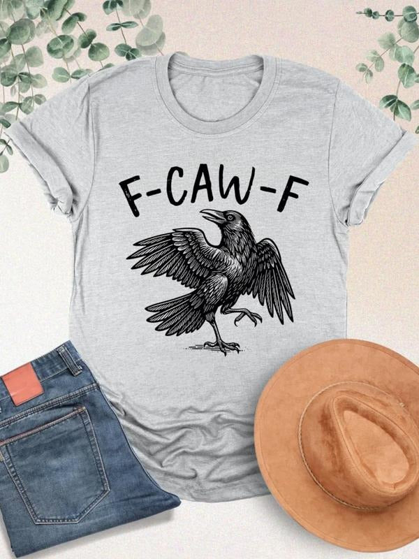 "F-CAW-F" Humorous Raven Graphic Tee - Women's Heather Gray Oversized T-Shirt