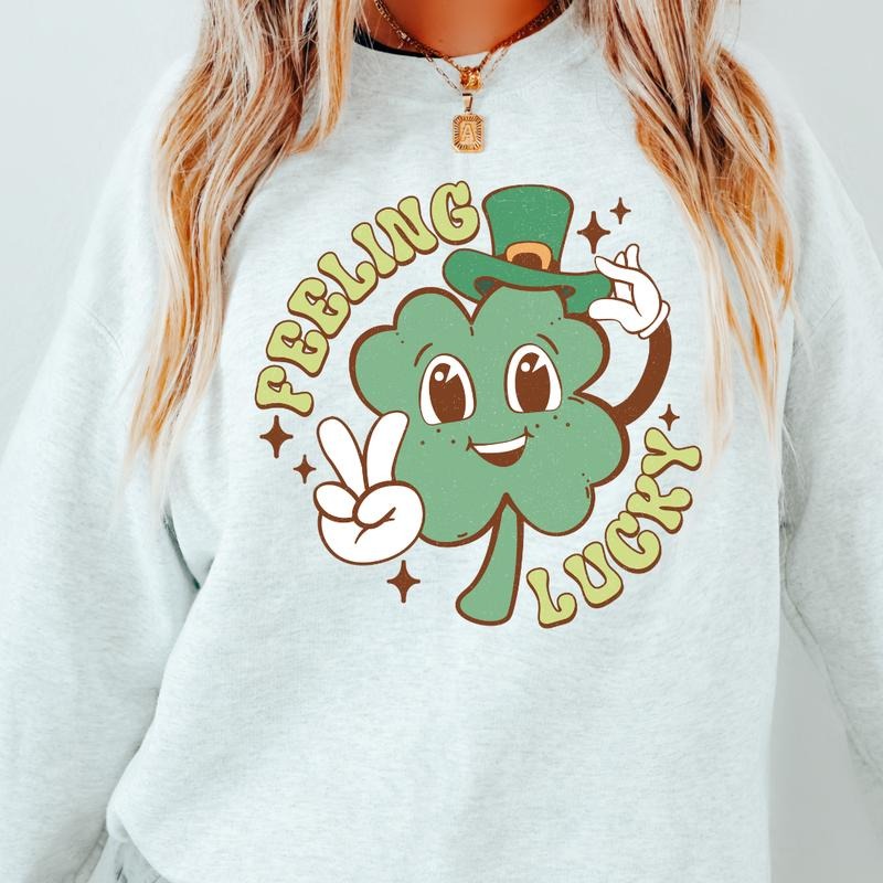 FEELING LUCKY CLOVER SWEATSHIRT (UNISEX, CASUAL COTTON SWEATSHIRT, HOLIDAY ST. PATRICKS DAY) Womenswear Hoodie T-Shirts