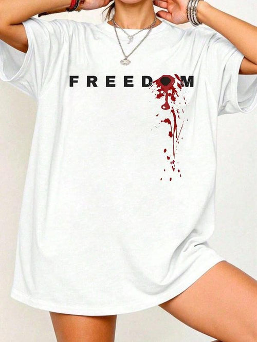 "FREEDOM" Blood Splatter Gothic Tee - Women's White Oversized T-Shirt Hoodie, Sweatshirt | UrbanDripWear.com