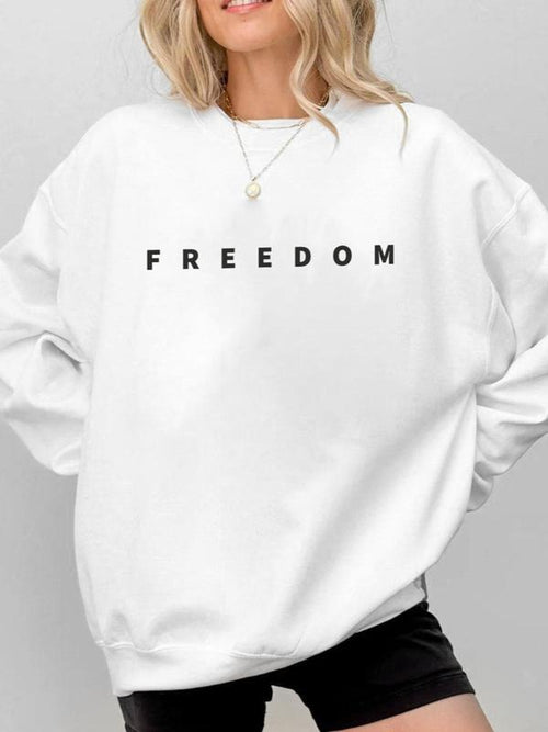 "FREEDOM" Oversized Sweatshirt - Women's White Minimalist Casual Crewneck T-Shirts, Hoodie | UrbanDripWear.com