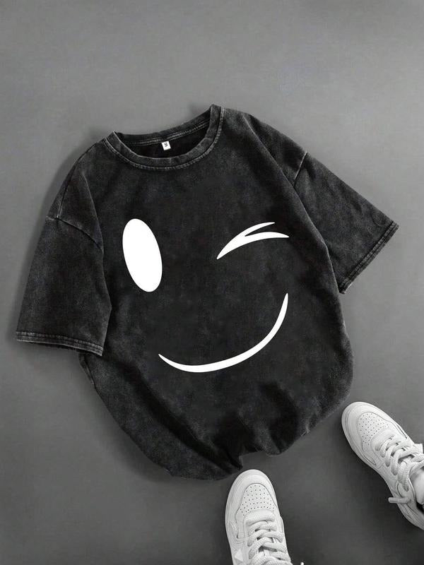 Face Printed T-Shirt for Summer, Women's Fun Short Sleeved Top, Loose-Fitting Casual Wear, Big Snowflake Washed Fashion...