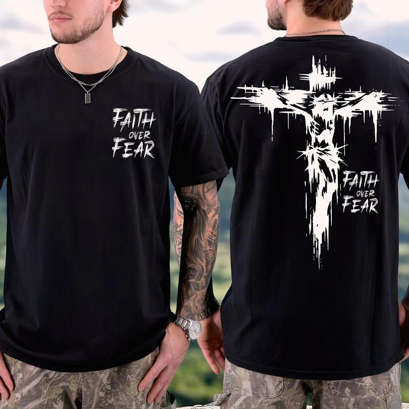 Faith Over Fear Chistian Jesus 2 Siđed Tee Pure Cotton Casual Street Style Crew Neck Short Sleeve T-Shirt Tops Trendy for...