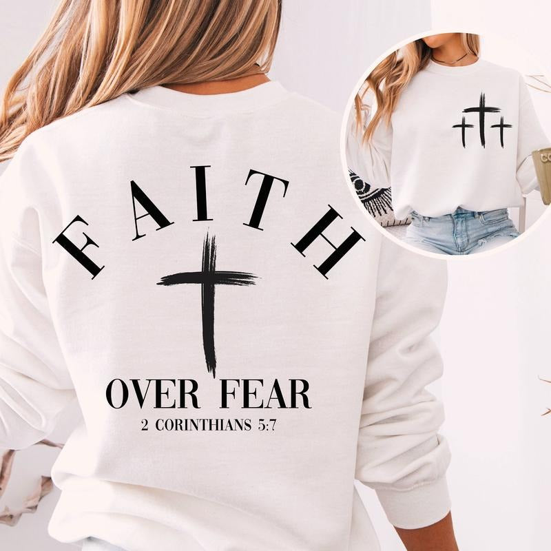 Faith Over Fear Verse, Christian 2 Sideđ Graphic Sweatshirt Casual Street Style Fleece Crewneck Pullover Sweatshirt...