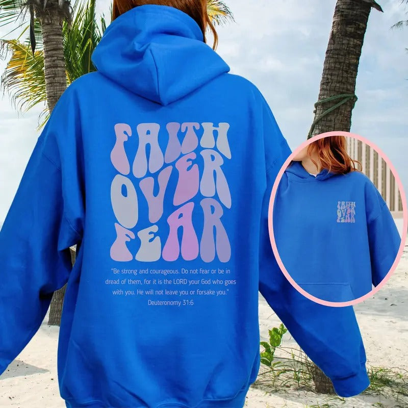 Faith over fear hoodie (front and back) Jesus Is King hoodie, Preppy Christian gifts Jesus lover sweatshirt Bible school...