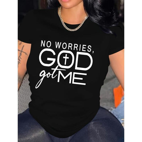Women's "God Got Me" Inspirational Black T-Shirt - Casual Crew Neck, Short Sleeve, 100% Polyester, Machine Washable