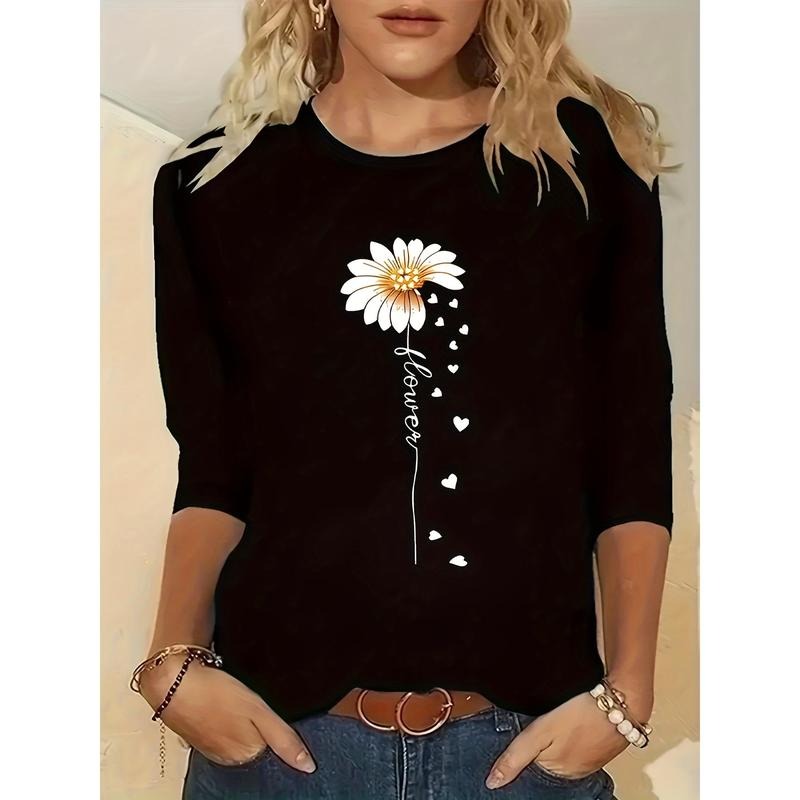 Chic Plus Size Floral T-Shirt for Women - Casual Crew Neck, Long Sleeve Top with Stretch, Machine Washable