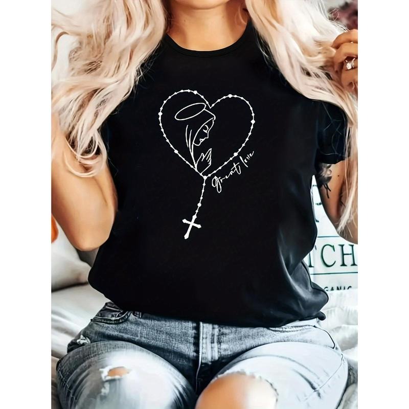 Valentine'S Day Chic Women'S T-Shirt with Heart & Cross Print - Casual Polyester Blend, Crew Neck, Short Sleeve, Machine...