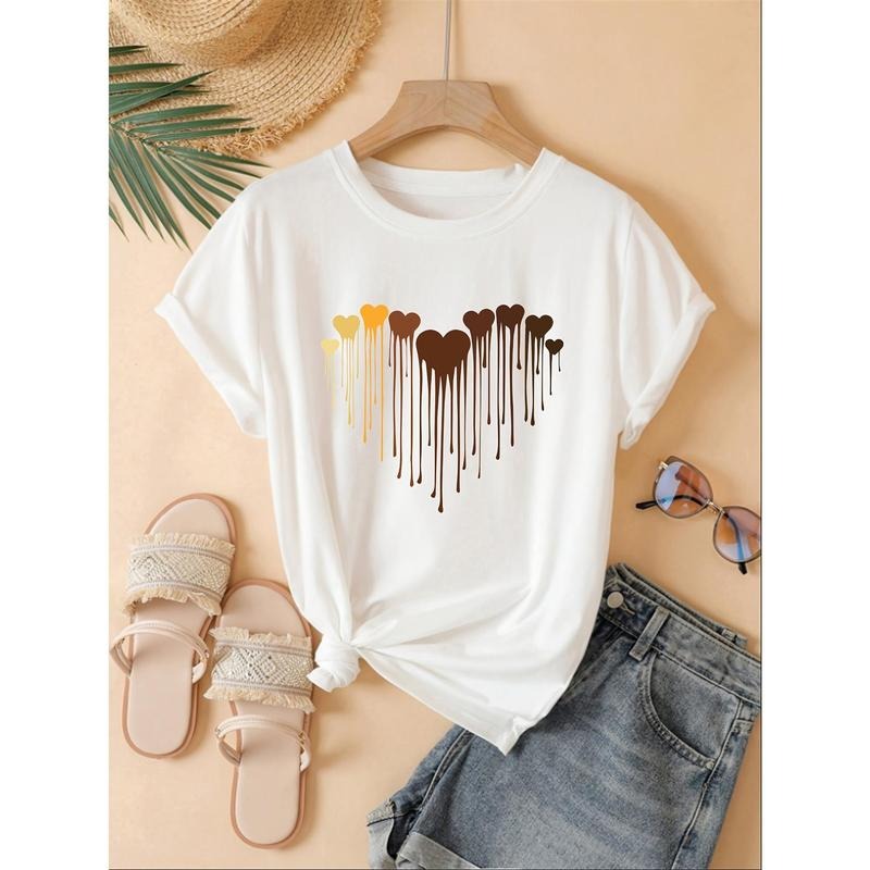 Women's Casual Crew Neck T-Shirt with Heart Print, Polyester Blend  Knit Fabric, Regular Length, for Spring/Summer/Fall...