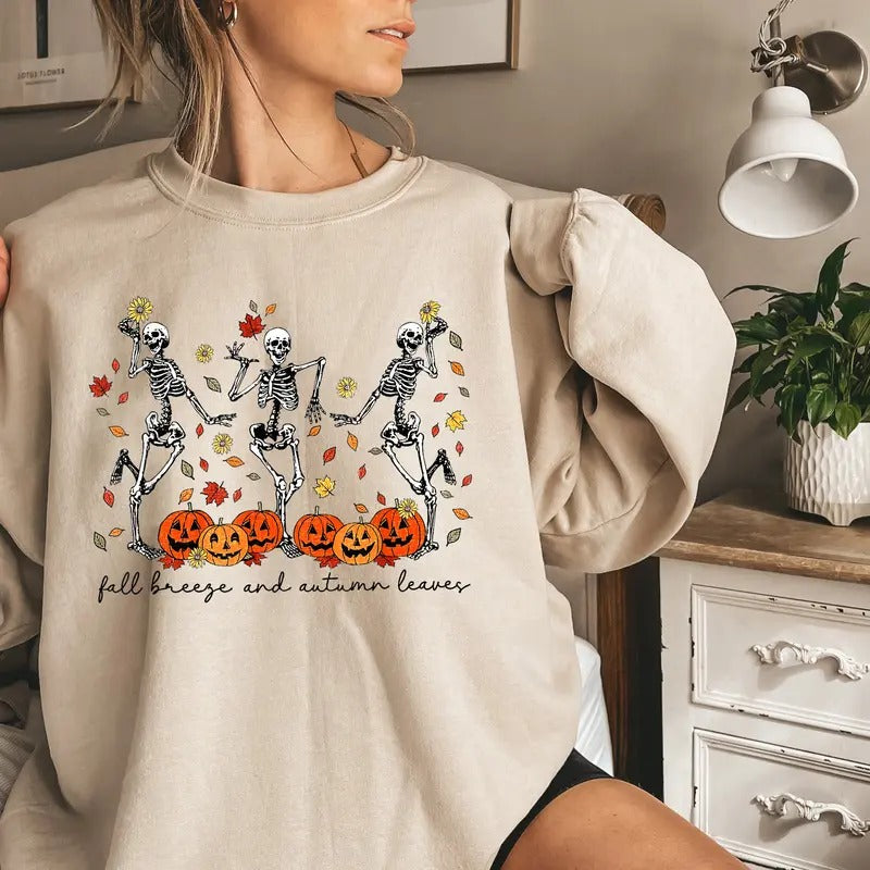 Fall Breeze and Autumn Leaves Sweatshirt, Skeleton Halloween Sweatshirt, Dancing Skeletons Shirt, Spooky Fall Sweatshirt,...