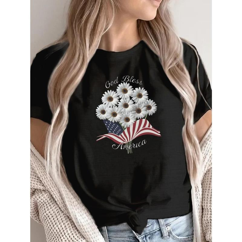 God Bless America Women's Fitted T-Shirt - Patriotic Daisy & Flag Design, 100%, Lightweight & Breathable, Machine...