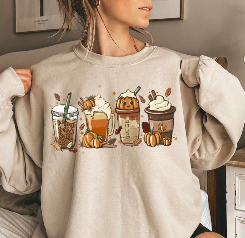 Fall Coffee Sweatshirt, Pumpkin Spice Shirt, Cute Fall Sweatshirt, Coffee Lover Shirt, Halloween Pumpkin Latte Drink Cup...