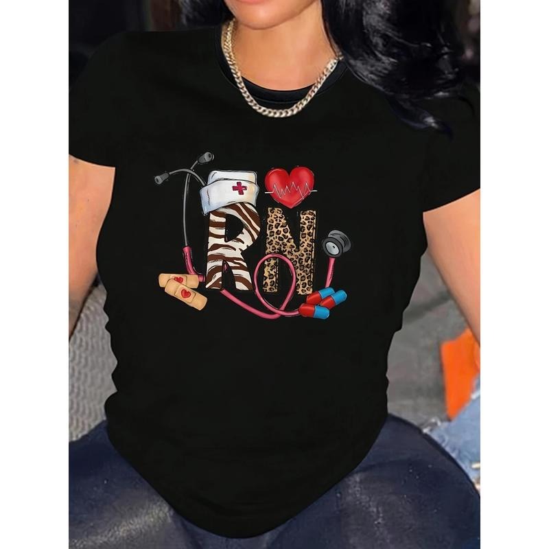 Women's RN Nurse Life Graphic T-Shirt - Black Blend Crew Neck Short Sleeve, Relaxed Fit Casual Knit Top with...