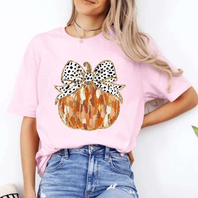 Fall Coquette Glitter Pumpkin Shirt. Casual Fall Softstyle Unisex T-Shirt. Cute Graphic Tee Hoodie, Sweatshirt