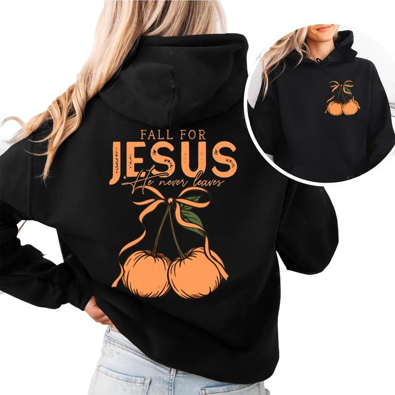 Fall For Jesus Hoodie, Christian Pumpkin Fall Sweatshirt, He Never Leaves Religious Autumn Graphic Hoodie T-Shirts