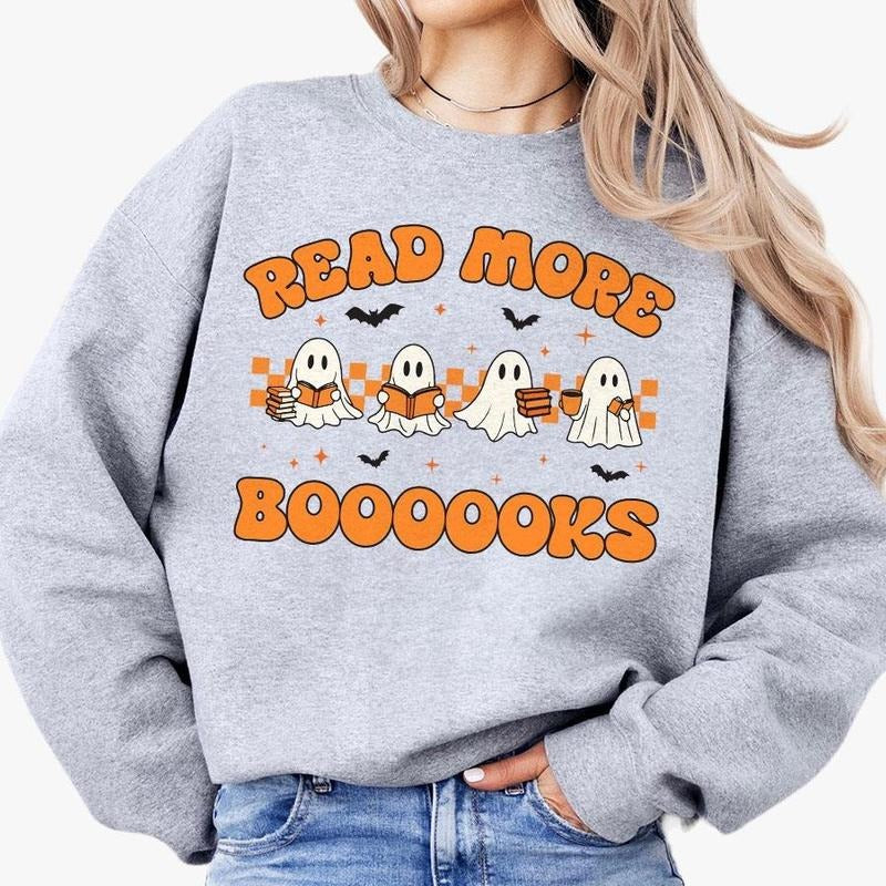 Fall Ghost Book Comfort Shirt, Read More Book Ghost Reading Book Under Fall Leaves, Spooky Season Tee, Cute Ghost Shirt,...