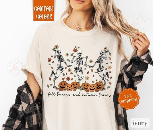 Fall Skeleton Shirt Comfort Colors, Halloween Tshirt,  Fall Vibes Shirt for Women Oversized Crewneck Teestyle{n002}2