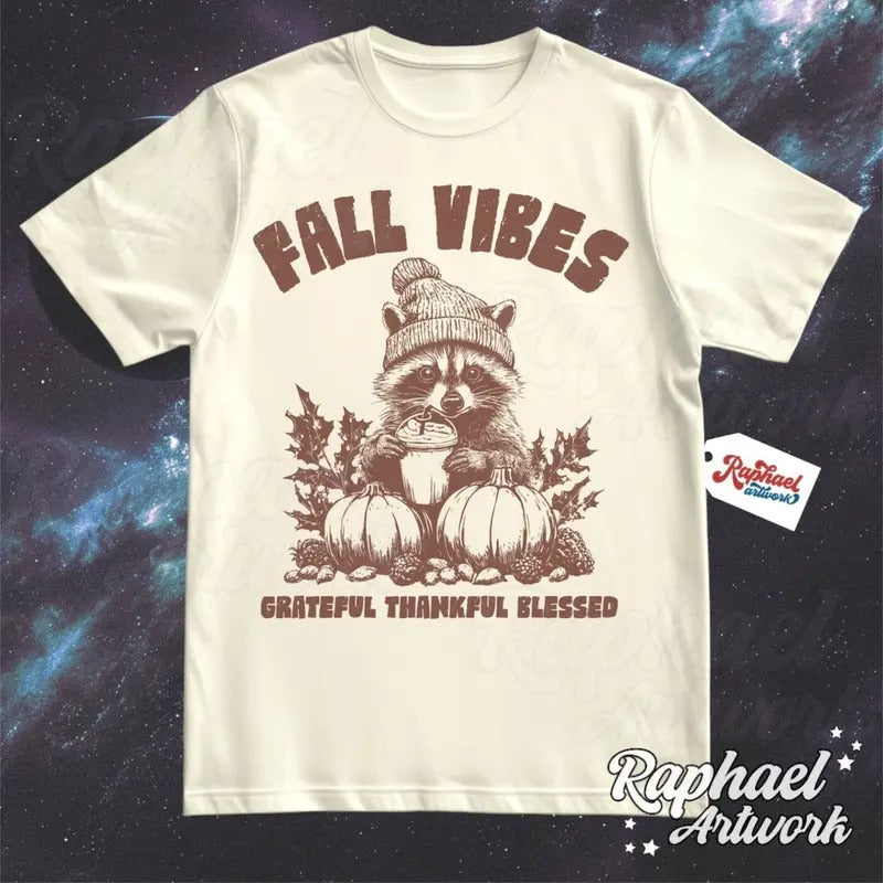 Fall Vibes Halloween Vintage Shirt, Retro 90s Fall Tshirt, Cute Racoon Graphic Tee, Thanksgiving Outfit, Autumn Pumpkin...