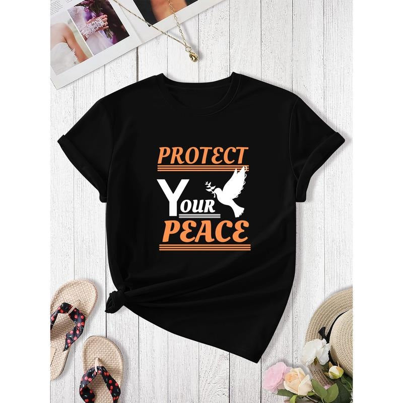 Peace Dove & Letter Print Plus Size Women'S T-Shirt - Casual, Stretchy Polyester, Machine Washable, Round Neck