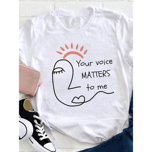 Women's "Your Voice Matters to Me" Graphic Tee - Soft Casual Round Neck T-Shirt, Loose Fit, Short Sleeve, Black with...