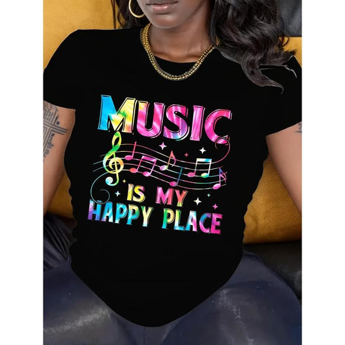Women's "Music Is My Happy Place" Graphic Tee - Black Casual T-Shirt with Colorful Musical Notes Design, Short Sleeves,...