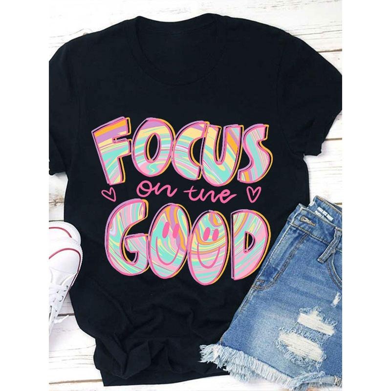 Women's 'Focus on the Good' Motivational Tee - Soft Round Neck T-Shirt with Vibrant Watercolor Lettering, Casual Short...