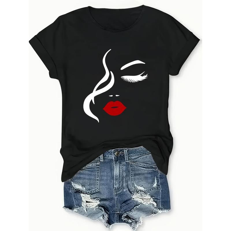 Cotton Short Sleeve  T-Shirt's Chic Half-Face Printed T-Shirt