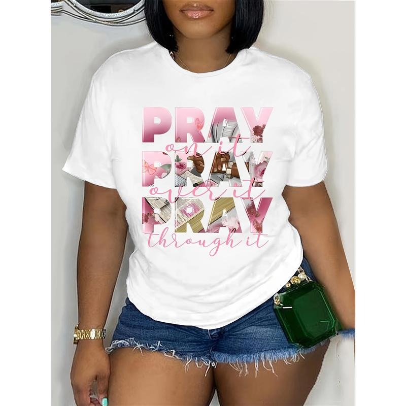Plus Size Inspirational T-Shirt for Women - "Pray Over It" Print, Casual Crew Neck, Short Sleeve, Stretchy Polyester...