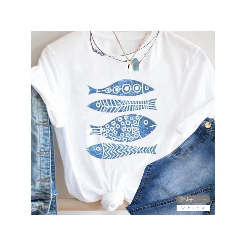 Women's 100% Graphic Fish Print T-Shirt