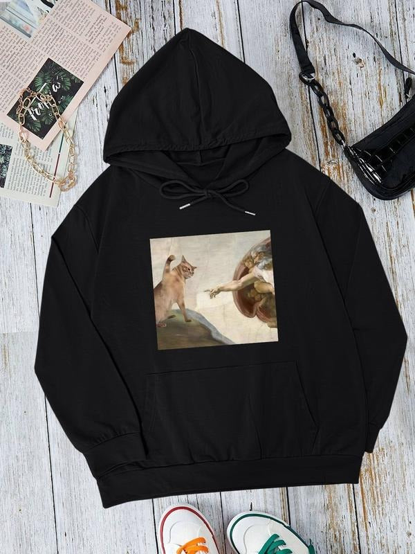 Fashion Casual Cartoon Print Hooded Sweatshirt with Pocket, Long Sleeve Fitted Pullover for Fall & Winter, Available in 7...