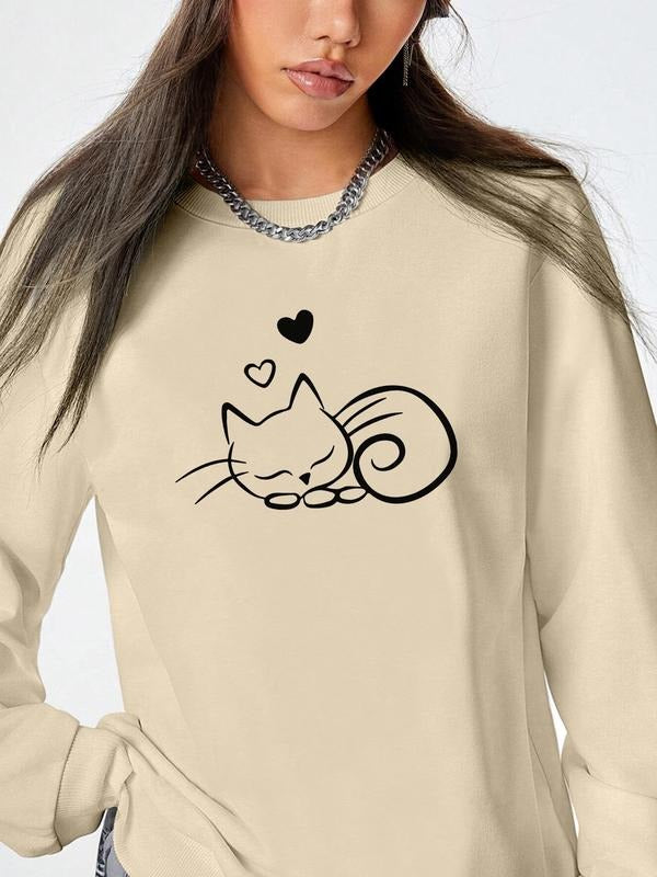 Fashion Casual Cat Print Long Sleeve Round Neck Women's Pullover Sweatshirt, 9 Colors Available, Fall & Winter Style,...