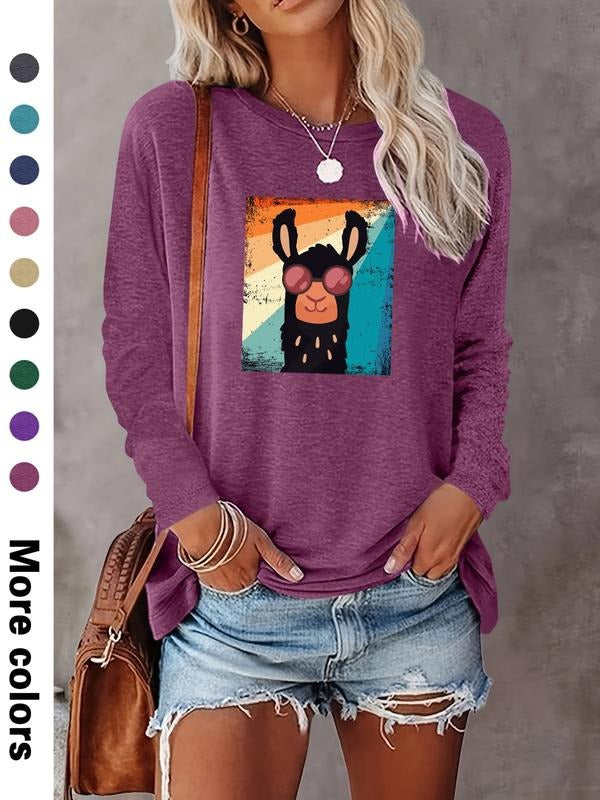 Fashion Casual Simple Alpaca Cartoon Print Long Sleeve T-Shirt, Comfortable Fabric, 9 Colors Available, All Seasons Wear...