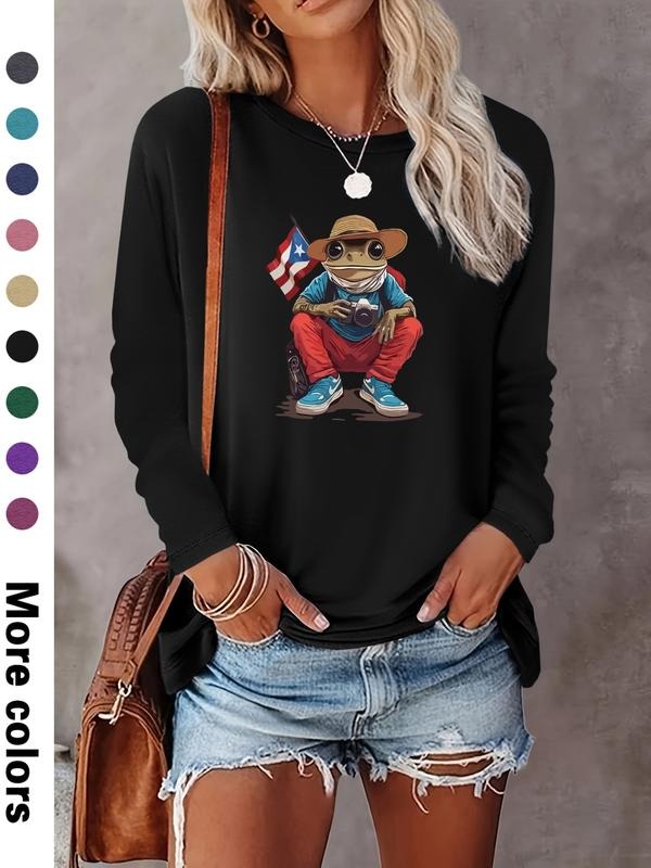 Fashion Casual Simple Cartoon Frog Print Long Sleeve T-Shirt, Comfortable Fabric, Available in 9 Colors, All Seasons Wear...