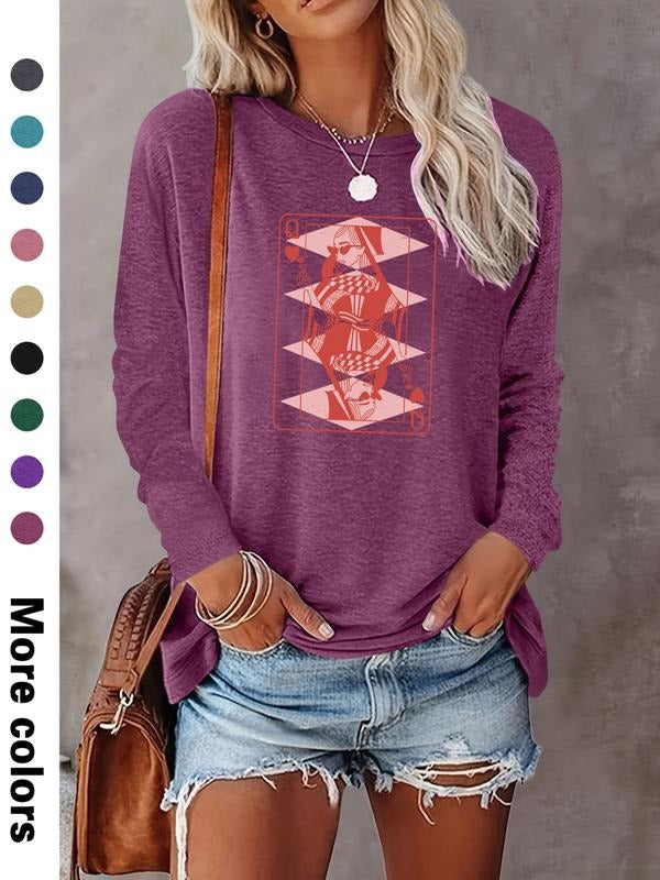 Fashion Casual Simple Poker Print Long Sleeve T-Shirt, Comfortable Fabric, 9 Colors Available, Fitted Style for All...