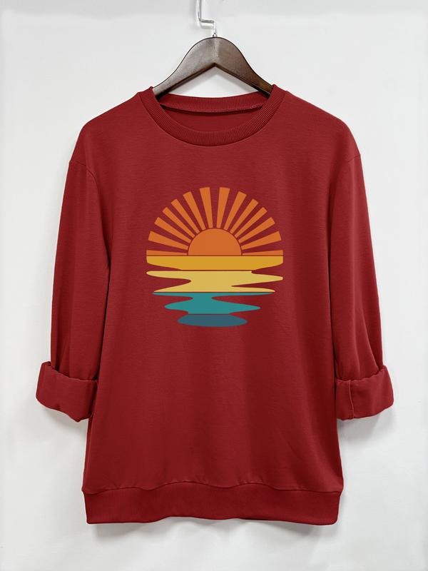 Fashion Casual Sun Print Long Sleeve Crew Neck Sweatshirt, 9 Color Options for Fall & Winter, Fitted Moderate Thickness...