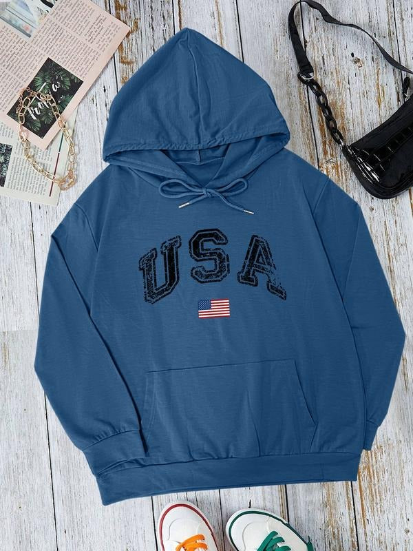 Fashion Casual Usa Letter Print Hoodie Sweatshirt with Pocket, Long Sleeve Fitted Design, Available in 7 Colors, Perfect...