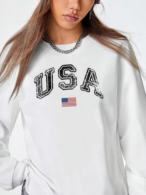Fashion Casual Usa Print Long Sleeve Pullover Sweatshirt, Round Neck Fitted Design, Available in 7 Colors for Fall &...