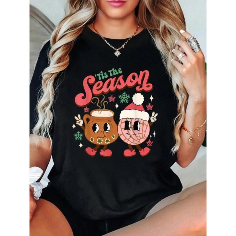 Fashion Christmas Tis The Season Mexican Concha Pan Dulce Christmas T-Shirt Cotton Women Clothing Christmas Clothes Black...