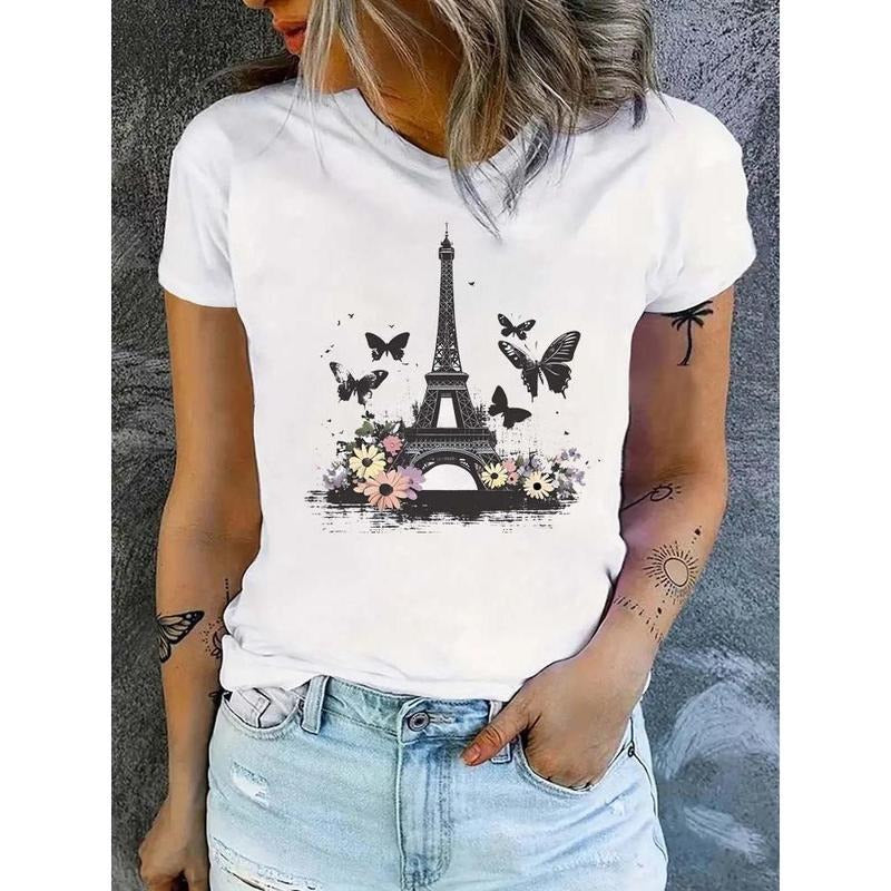 Fashion Eiffel Tower Floral Print Women Summer T Shirt Girl O Neck Funny Y2K Tops Tee Female 90s Casual Clothing Hoodie,...