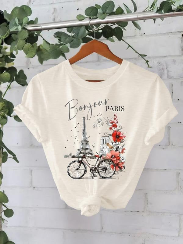 Fashion Vintage Landmark Print Women's Summer Casual Fitted Short Sleeve T-Shirt, Breathable Comfortable Top for Daily...