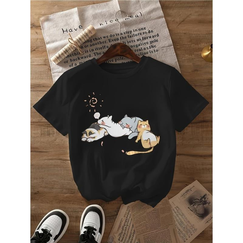 Fashionable Creative Cat Pattern Printed T-Shirt, Short-Sleeved Round Neck Casual Top for Spring And Summer, Women'S...