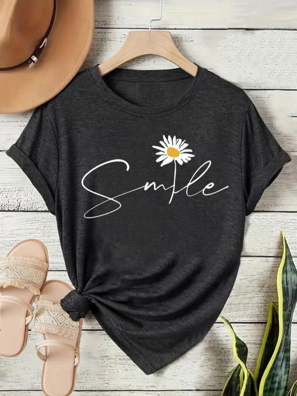 Fashionable Letter Print Vintage Style Women's Summer Casual Sporty Shirt Round Neck Short Sleeve T-Shirt S-XXL, Knit...