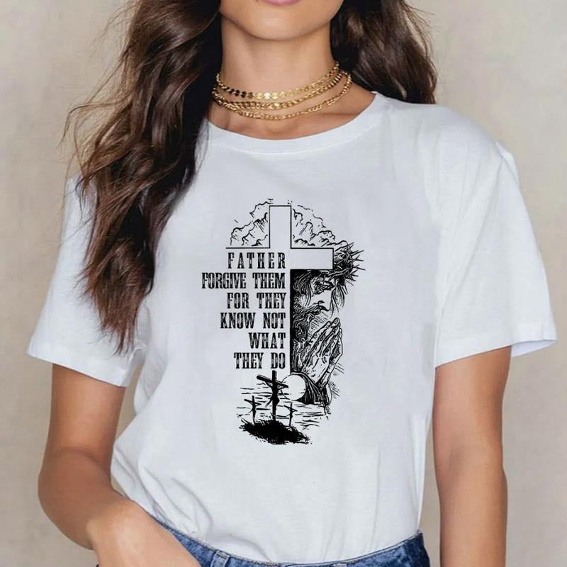 Father Forgive Them For They Know Not What They Do Christian T-Shirt Pure Cotton Casual Street Style Crew Neck Short...