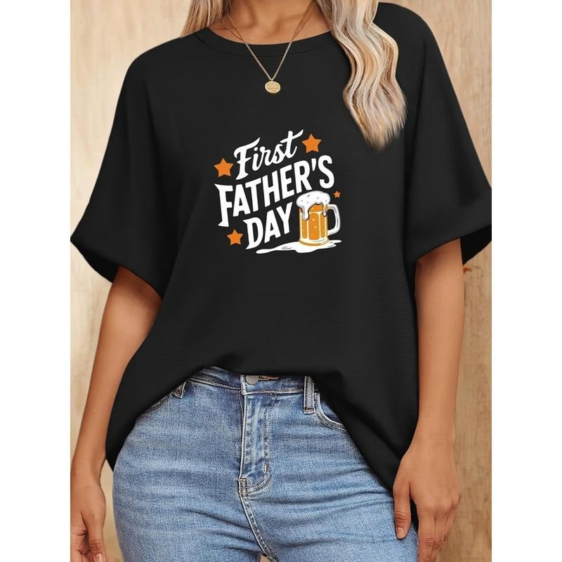 Father's Day Beer Printed Short Sleeved Fashionable Women's Clothing Casual Short Sleeved T-shirt 1800g Hoodie, Sweatshirt