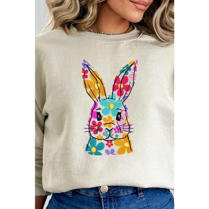 Faux Embroidery Colorful Bunny Transfer Heavy-weight Crew Sweatshirt T-Shirts, Hoodie | UrbanDripWear.com