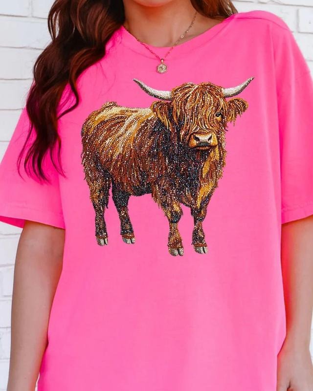 Faux Rhinestone Highland Cow Comfort Colors Adult Ring-Spun Cotton Tee Top Womenswear unisex short sleeve tee Graphic...